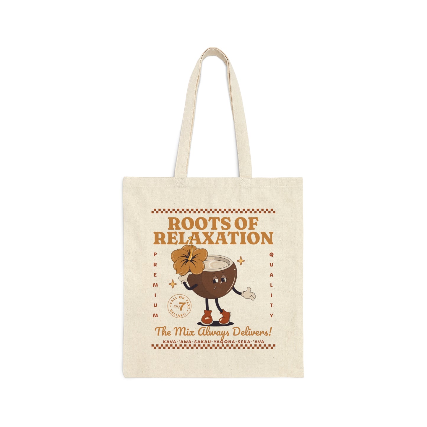 Roots of Relaxation Kava Cartoon Mascot Canvas Tote
